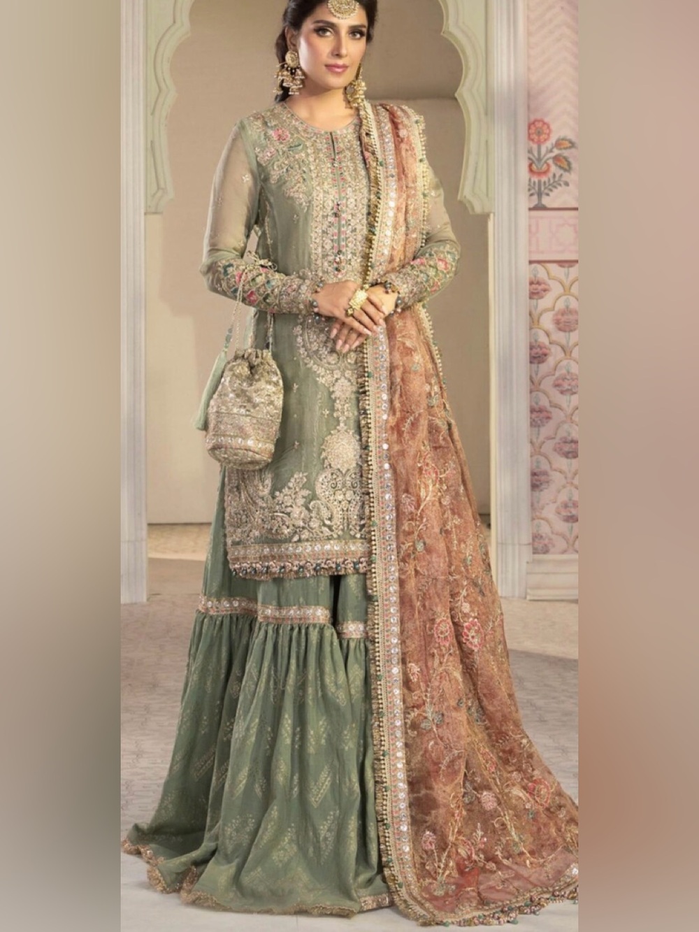 Embroidered Sage Green Long Sleeve Formal Dress with Peach Dupatta bust 42